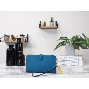 NWT Michael Kors Jet Set Travel Wristlet Blue Leather Large Double Zip Wallet